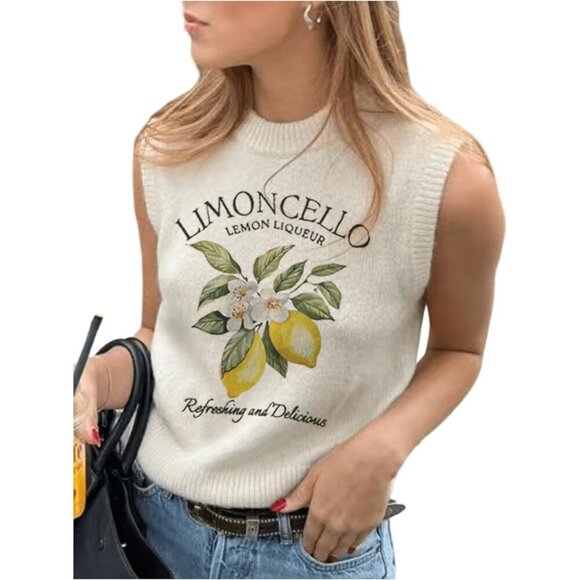 Sweaters - Women's Lemon Graphic Sweater Vest Sleeveless Knitted Tank Top Casual